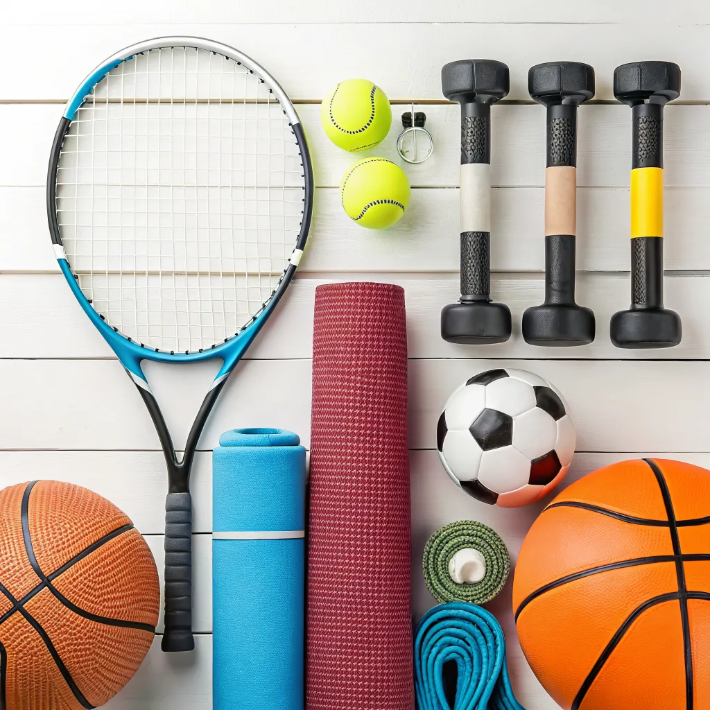 Collection of sports equipment for outdoor and indoor activities